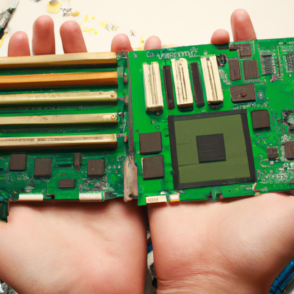 Person holding computer motherboard components